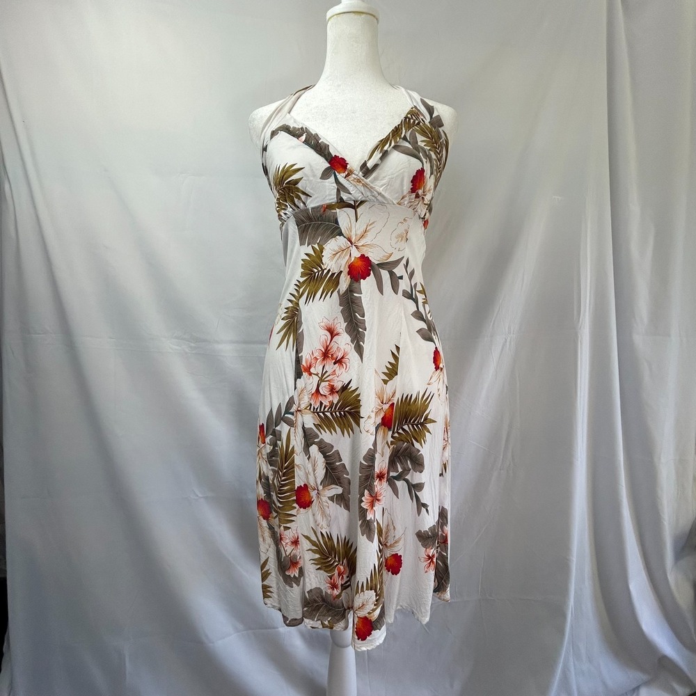 Two Palms Hawaiian Dress Womens Small White Rayon Tropical‎ Floral Halter Neck